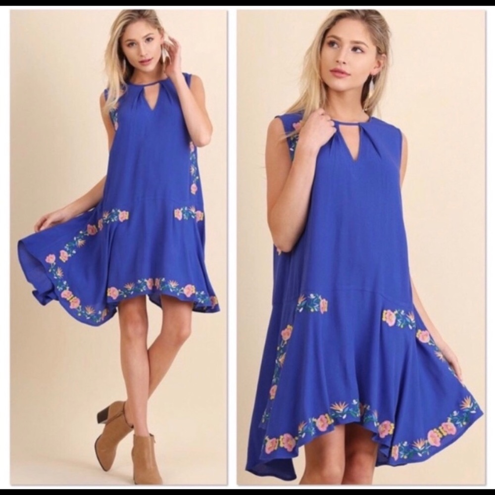 New🌸1 left Royal Blue Embroidered Swing Dress